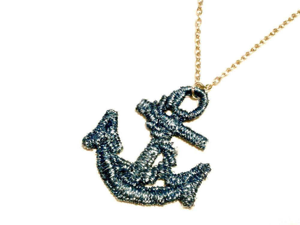 Lace Necklace Hand Dyed - Anchor in Metallic Blue - Ocean Summer Nautical