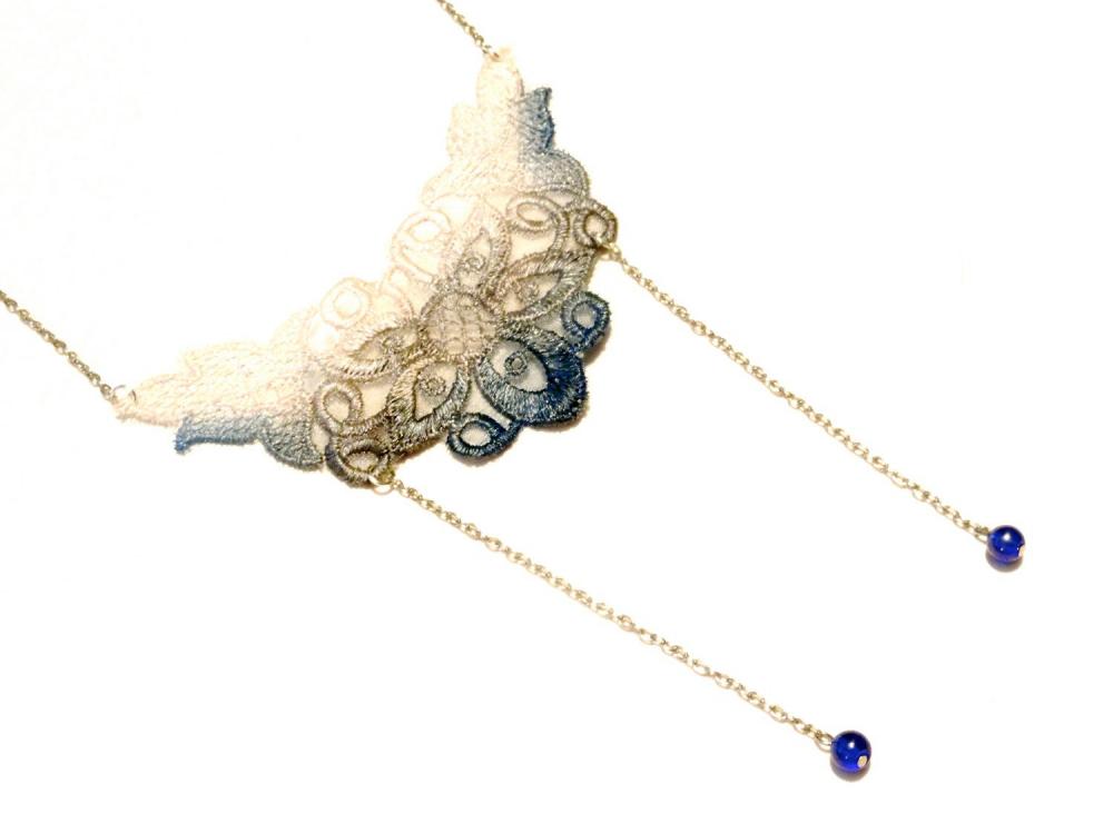 Lace Necklace Hand Dyed - Ombre Baby Pink, Grey and Blue - Customizable Colors - Summer Floral
