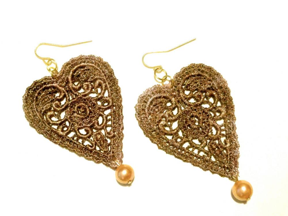 Heart Lace Earrings Hand Dyed - Brown Metallic - Customizable Colors - Lace Fashion