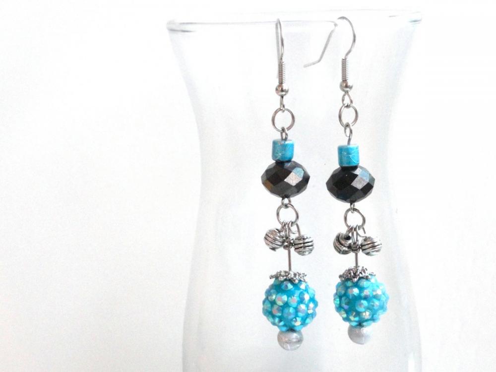 Beaded Crystal Earrings in Blue Silver and Black