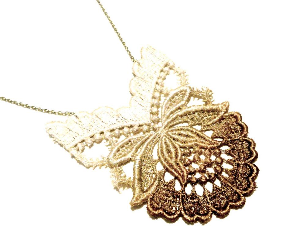 Lace Necklace Hand Dyed - Ombre Flower in Brown Tan and White Metallic - Customizable Colors