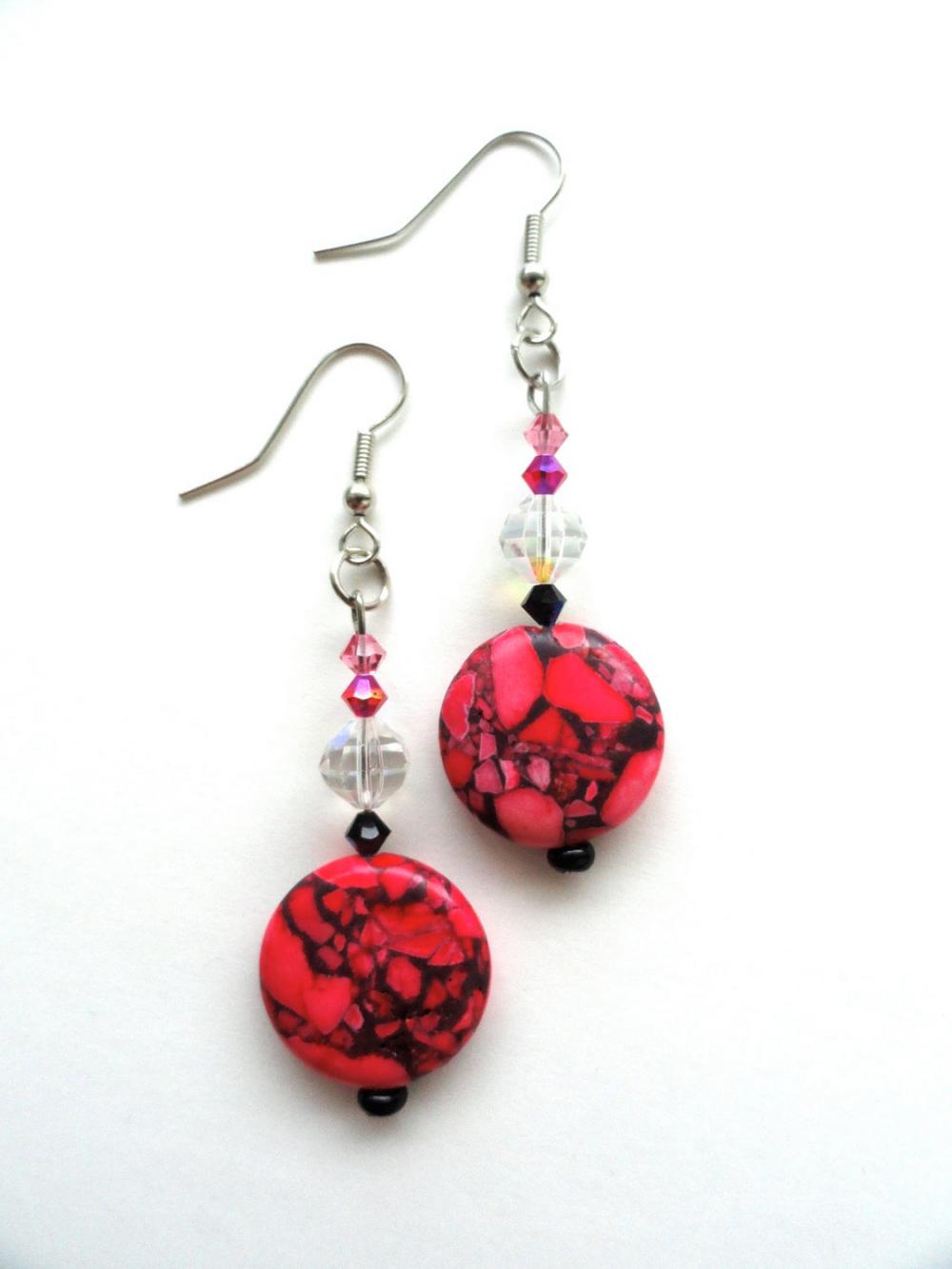 Neon Pink Stone Beaded Earrings with Swarovski Crystals