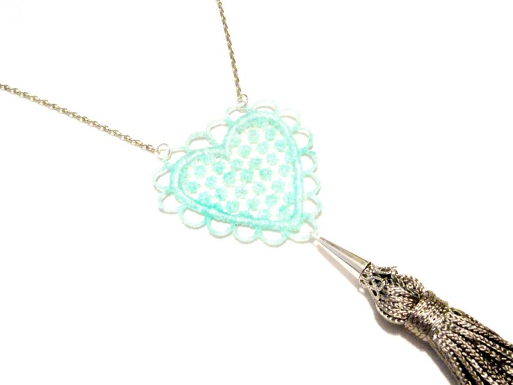 Lace Necklace Hand Dyed - Heart in Aqua Mint Sparkle with Grey Tassel - Customizable Colors - Summer Ocean