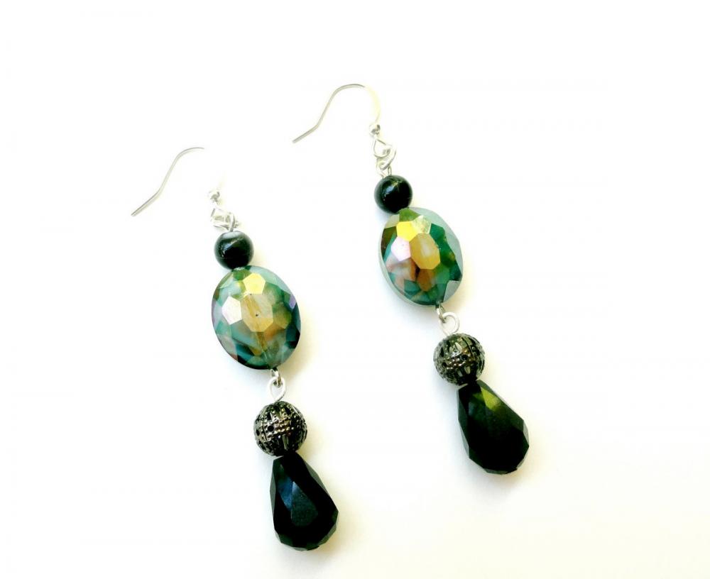 Beaded Earrings in Teal Silver and Black