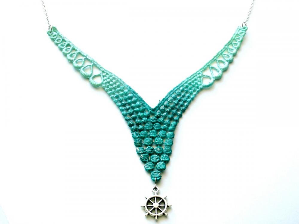 Lace Necklace Hand Dyed - Mint Green and Teal - Customizable Colors with Silver Nautical Ship Wheel - Lace Fashion