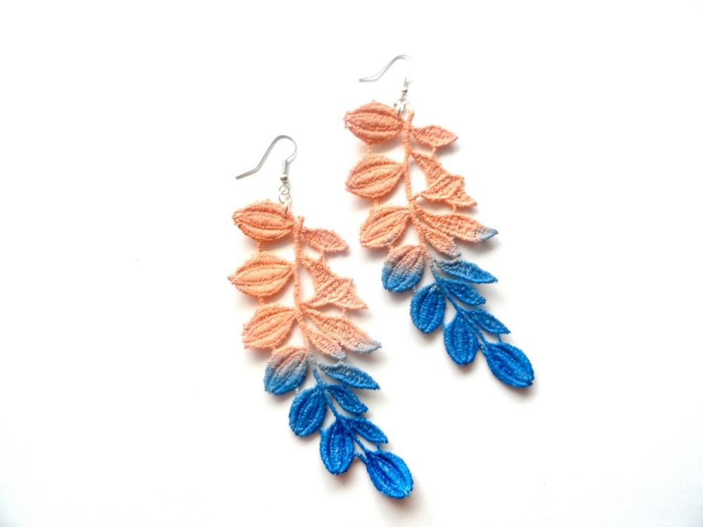 Lace Earrings Hand Dyed - Leaves in Peach and Cobalt Blue - Customizable Colors