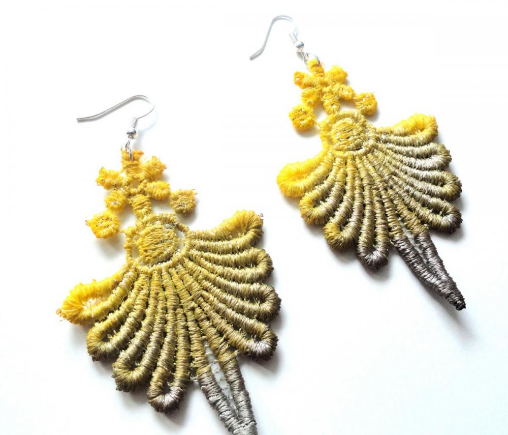 Lace Earrings - Yellow and Brown Hand Dyed with Glitter Accents