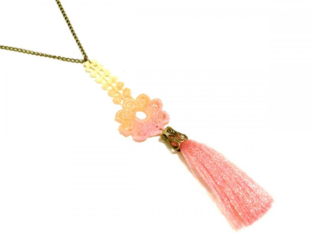 Tassel and Lace Necklace Hand Dyed Flower - Pink Orange Yellow - Customizable Colors - Neon Jewelry