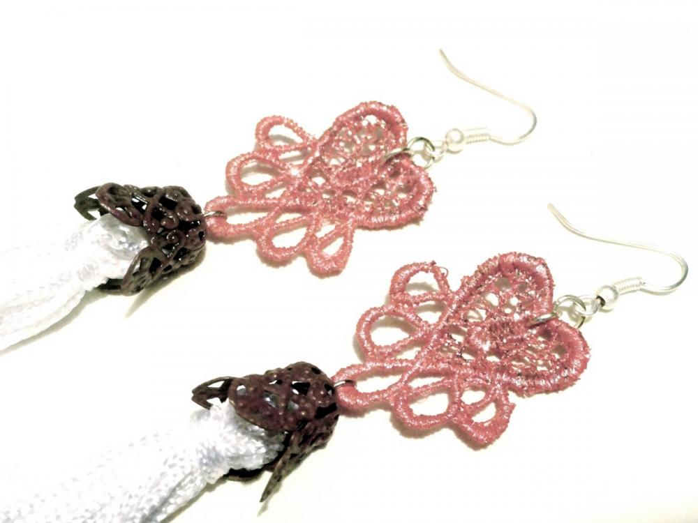 Heart Tassel Lace Earrings Hand Dyed - Pink and White - Customizable Colors - Lace Fashion