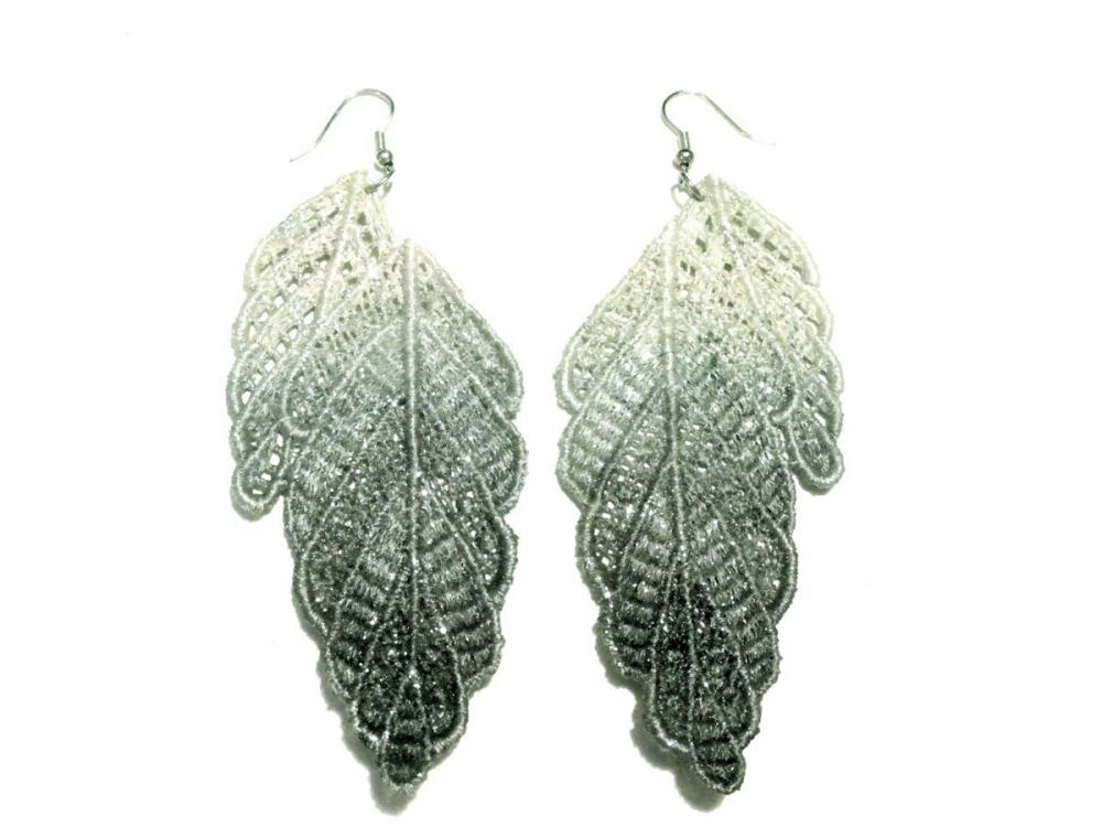 Leaf Lace Earrings Hand Dyed - Grey and White with Glitter - Customizable Colors - Lace Fashion