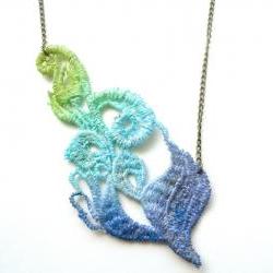 Lace Necklace Hand Dyed Flower Green Teal Purple with Antiqued Bronze Chain - OOAK