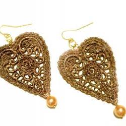 Heart Lace Earrings Hand Dyed - Brown Metallic - Customizable Colors - Lace Fashion