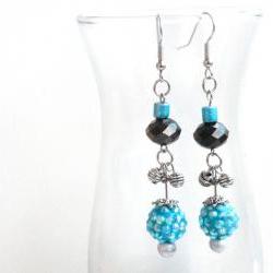 Beaded Crystal Earrings in Blue Silver and Black