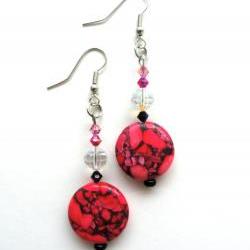 Neon Pink Stone Beaded Earrings with Swarovski Crystals