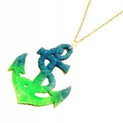 Lace Necklace Hand Dyed - Anchor in Neon Green and Neon Blue - Ocean Summer Nautical