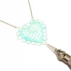 Lace Necklace Hand Dyed - Heart in Aqua Mint Sparkle with Grey Tassel - Customizable Colors - Summer Ocean