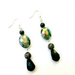 Beaded Earrings in Teal Silver and Black