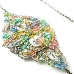 Lace Necklace Hand Dyed Multicolored Rainbow with Antiqued Bronze Chain