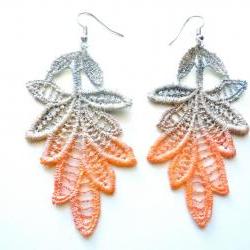 Lace Earrings Hand Dyed - Pearl Orange and Gray Leaves - Customizable Colors