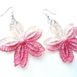 Hand Dyed Lace Earrings - Red / Pink and Champagne Flowers - Customizable Colors - Lace Fashion