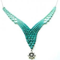Lace Necklace Hand Dyed - Mint Green and Teal - Customizable Colors with Silver Nautical Ship Wheel - Lace Fashion