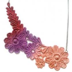 Lace Necklace Hand Dyed - Burgundy Purple and Copper Flowers - Lace Fashion