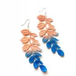 Lace Earrings Hand Dyed - Leaves in Peach and Cobalt Blue - Customizable Colors