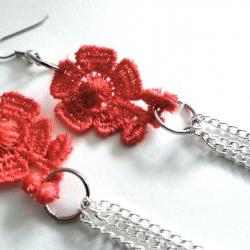 Lace Earrings with Red Flowers and Silver Plated Chain - Floral Jewelry