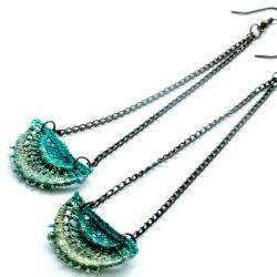 Lace Earrings - Teal and Olive with Antiqued Bronze Chain - Customizable Colors - Lace Fashion