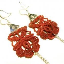 Lace Earrings Hand Dyed - Red Flower With Black Glass Beads - Customizable Colors