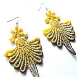 Lace Earrings - Yellow and Brown Hand Dyed with Glitter Accents