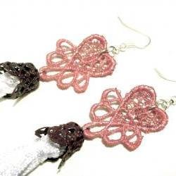 Heart Tassel Lace Earrings Hand Dyed - Pink and White - Customizable Colors - Lace Fashion