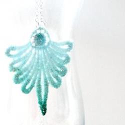 Teal and Sea Foam Green Lace Necklace with Silver Plated Chain for Spring Summer