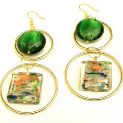 Earrings with Gold Hoops and Green and Multicolored Dichroic Glass Beads
