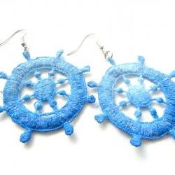 Nautical Blue Lace Earrings Hand Dyed - Summer Ocean Ship Wheel with Glitter